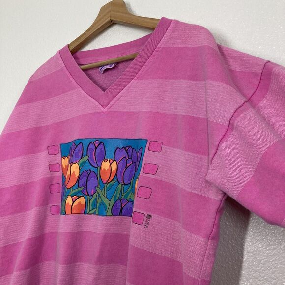 Vintage Fresh Produce Sweater Womens Medium Striped Tulip Floral Pullover USA - Picture 10 of 13